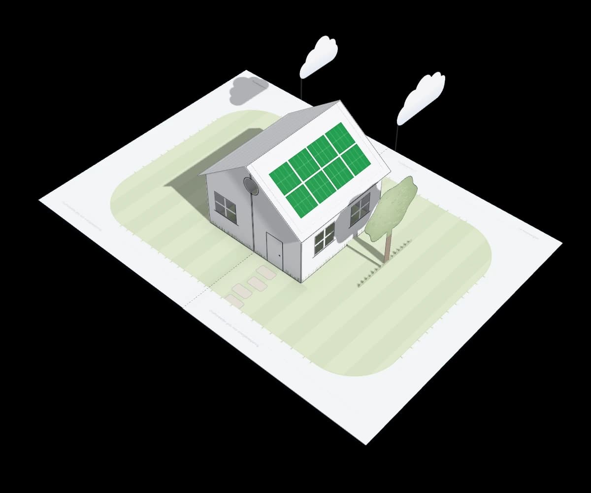 De bespaargids als boekje, opengeslagen op een papieren tuin met een huis met zonnepanelen.